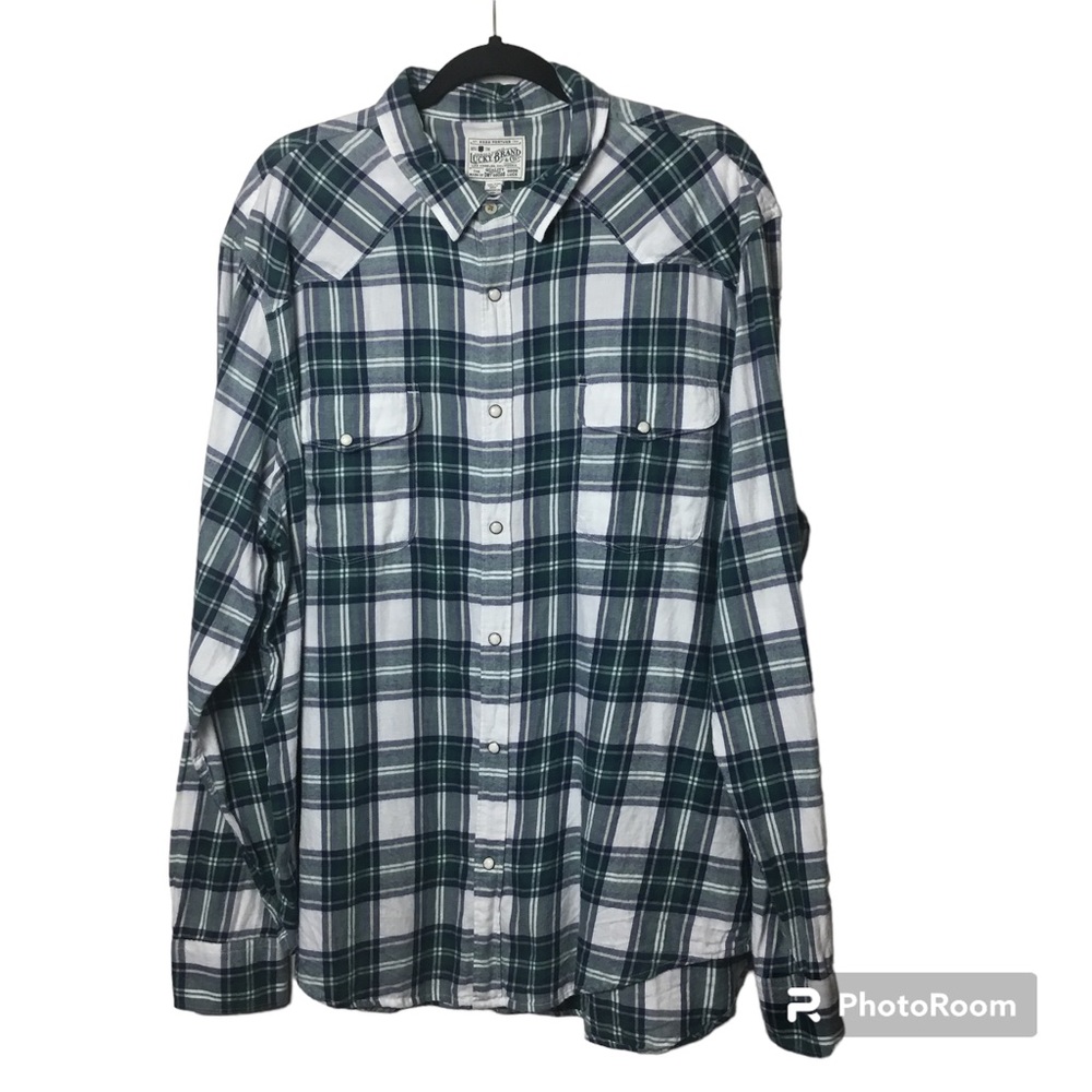 Lucky Brand blue/green plaid long sleeve pearl snap shirt. XXL